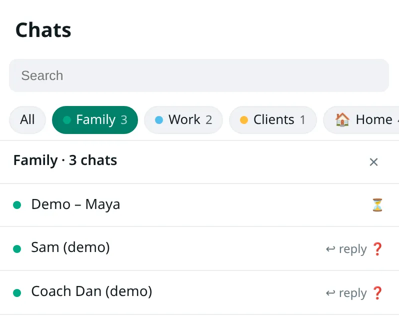 Folder tabs All, Family, Work, Clients and Home above a WhatsApp Web chat list of demo chats.