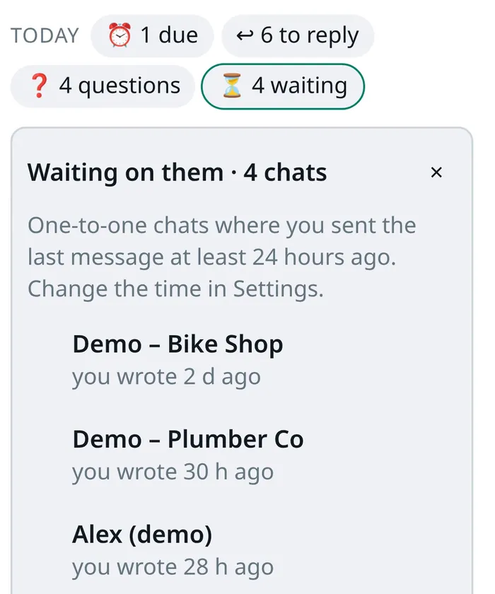 Waiting on them list with four demo chats and how long ago you wrote.